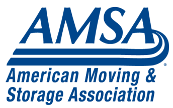 Blue text reading 'A, M, S, A; American Moving and Storage Association' with an illustration of a road in blue.