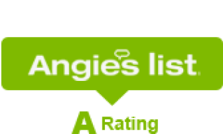 Angie's List logo: Green speech bubble with white text inside reading "Angie's List". The apostrophe is stylized as a halo. Underneath the speech bubble, green text reads 'A Rating'.