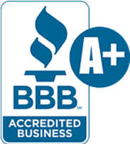 Better Business Bureau badge: Blue illustration of a torch above blue text reading 'BBB'. Underneath, white text on a blue background reads 'accredited business', and there's a blue circle on the right with white text inside reading 'A+'.