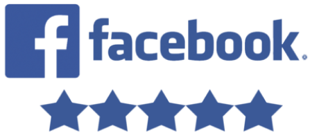 Facebook icon: white Facebook lowercase 'f' inside a blue square. Blue text to the right reads 'Facebook'. Underneath, there are 5 blue stars.