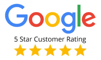 Google logo: blue, red, yellow, and green text reads 'Google'. Below that, black text reads '5 star customer rating' with 5 yellow stars underneath.