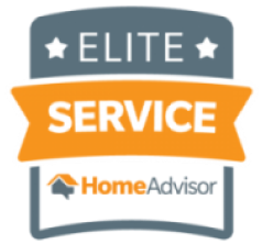 Home Advisor badge: at the top, two white stars bookend white text on a grey background reads 'Elite'. Underneath, white text on an orange background reads 'Service'. At the bottom, there's a small orange and grey icon of a house next to orange and grey text reading 'Home Advisor'.