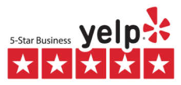 Yelp logo: black text reading '5-star business; Yelp' with a red star shaped-icon with blunt tips to the star next to the text. Underneath, there are 5 red squares, each with a white star inside.