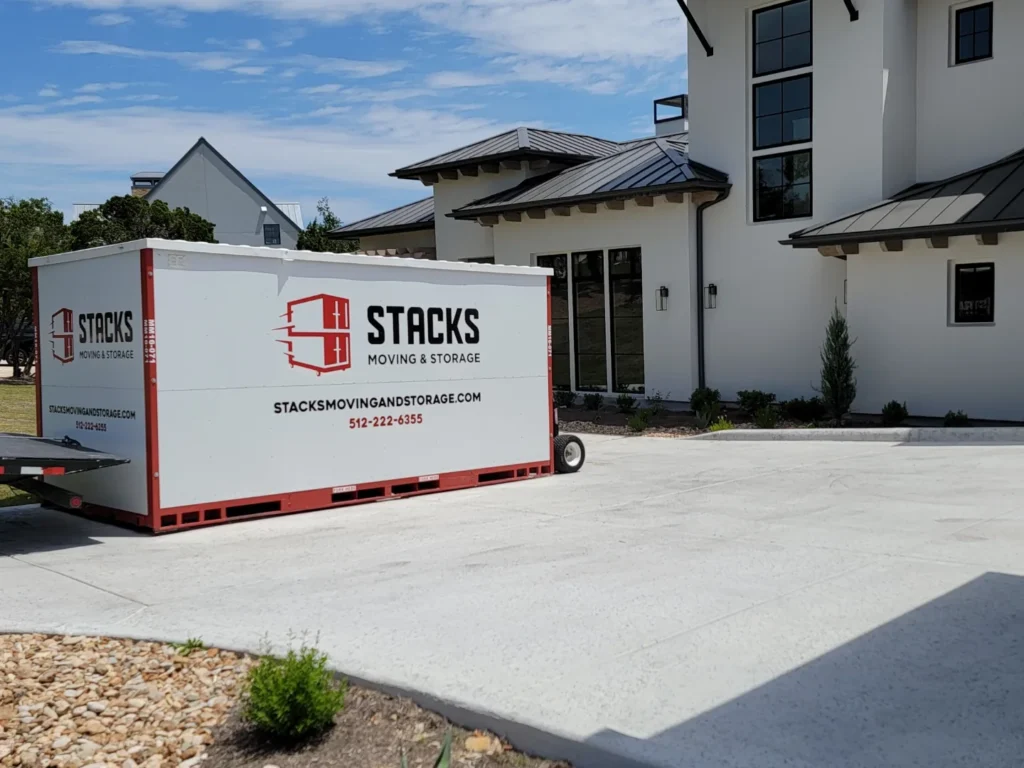 Affordable storage unit in driveway of home in Austin, Texas.